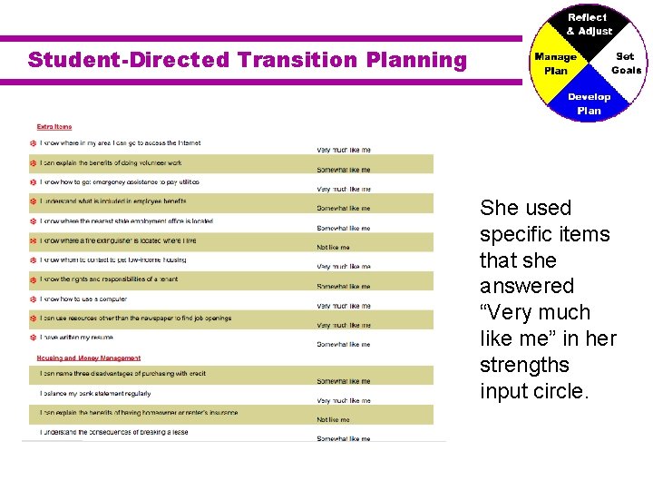 Student-Directed Transition Planning She used specific items that she answered “Very much like me”