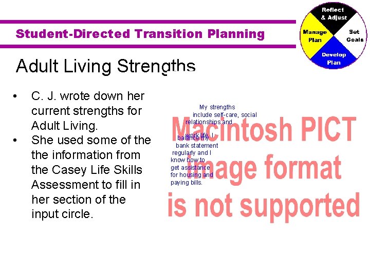Student-Directed Transition Planning Adult Living Strengths • • C. J. wrote down her current