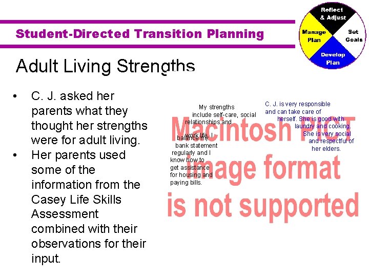Student-Directed Transition Planning Adult Living Strengths • • C. J. asked her parents what