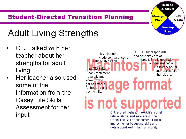 Student-Directed Transition Planning Adult Living Strengths • • C. J. talked with her teacher