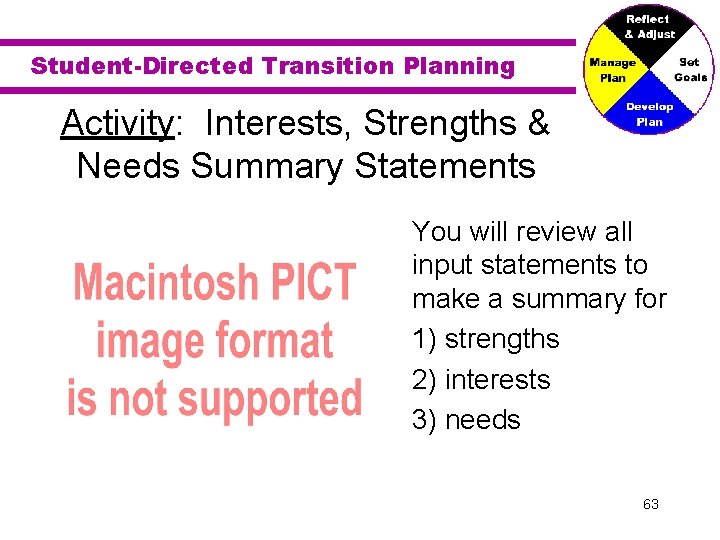 Student-Directed Transition Planning Activity: Interests, Strengths & Needs Summary Statements You will review all