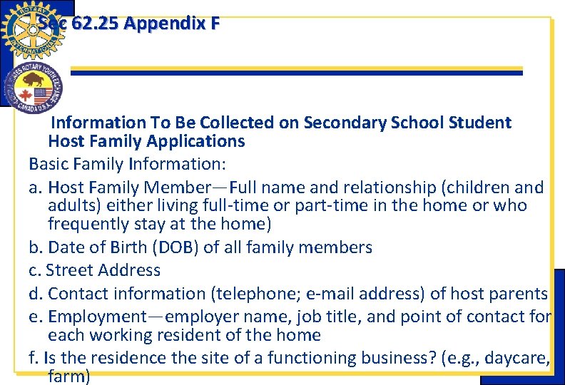 Sec 62. 25 Appendix F Information To Be Collected on Secondary School Student Host