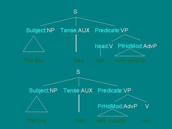 S Subject: NP Tense: AUX Predicate: VP head: V Pt. Hd. Mod: Adv. P