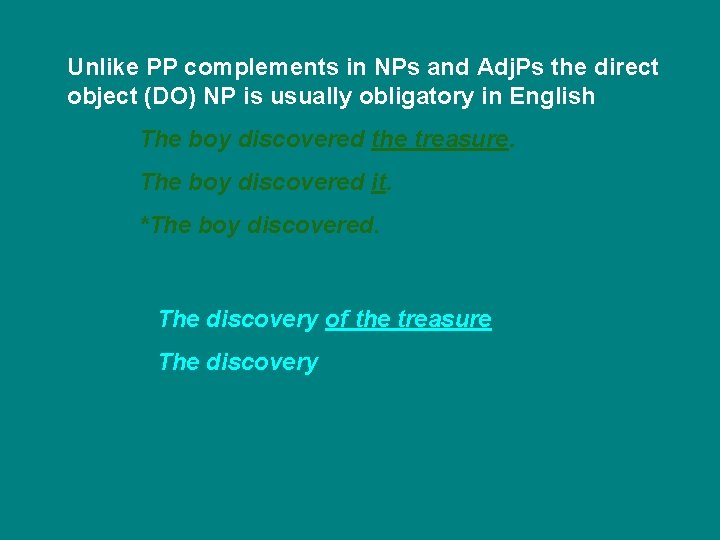 Unlike PP complements in NPs and Adj. Ps the direct object (DO) NP is