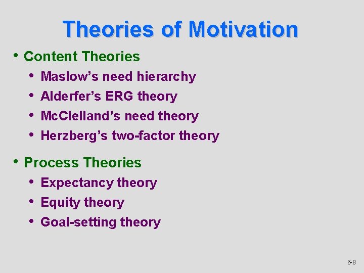 Theories of Motivation • Content Theories • • Maslow’s need hierarchy Alderfer’s ERG theory