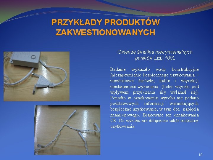 PRZYKŁADY PRODUKTÓW ZAKWESTIONOWANYCH Girlanda świetlna niewymienialnych punktów LED 100 L Badanie wykazało wady konstrukcyjne