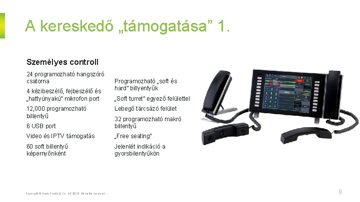 A kereskedő „támogatása” 1. Személyes controll 24 programozható hangszóró csatorna 4 kézibeszélő, fejbeszélő és