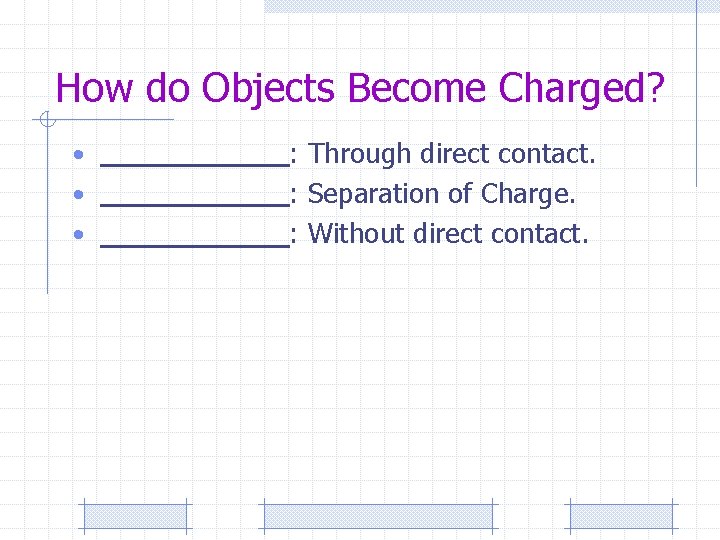 How do Objects Become Charged? • • • : Through direct contact. : Separation
