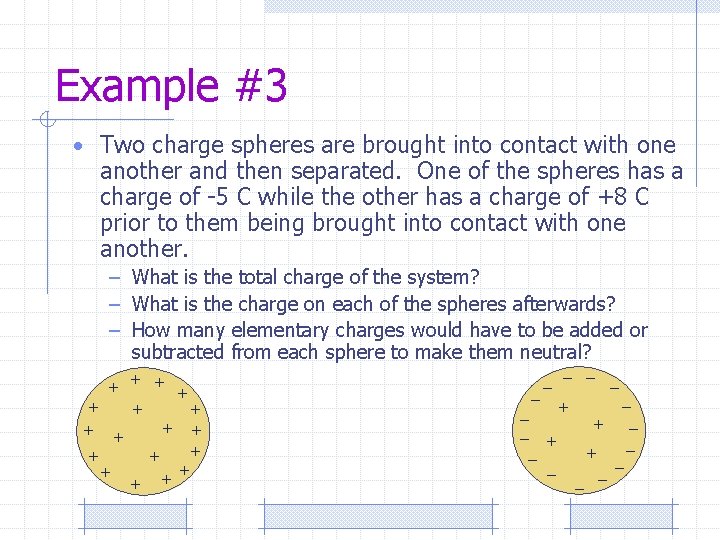 Example #3 • Two charge spheres are brought into contact with one another and