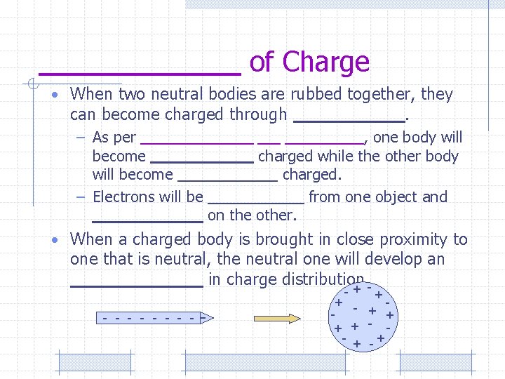 of Charge • When two neutral bodies are rubbed together, they can become charged