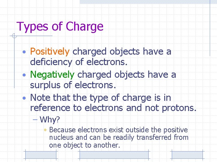 Types of Charge • Positively charged objects have a deficiency of electrons. • Negatively