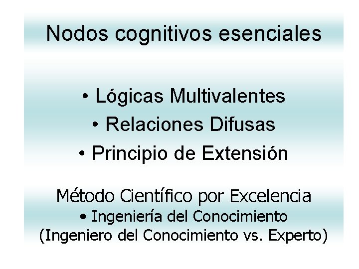 Nodos cognitivos esenciales • Lógicas Multivalentes • Relaciones Difusas • Principio de Extensión Método Nodos cognitivos esenciales • Lógicas Multivalentes • Relaciones Difusas • Principio de Extensión Método