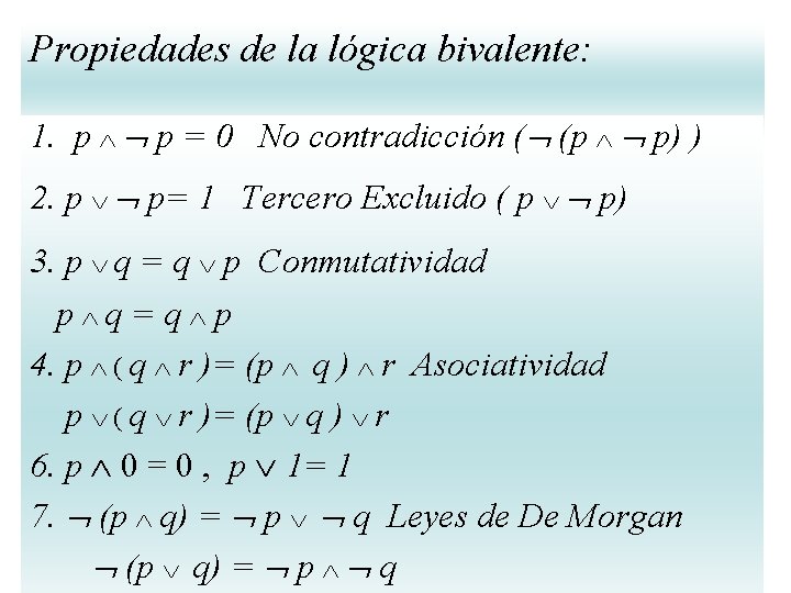 Propiedades de la lógica bivalente: 1. p p = 0 No contradicción ( (p Propiedades de la lógica bivalente: 1. p p = 0 No contradicción ( (p