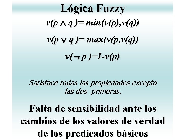 Lógica Fuzzy v(p q )= min(v(p), v(q)) v(p q )= max(v(p, v(q)) v( p Lógica Fuzzy v(p q )= min(v(p), v(q)) v(p q )= max(v(p, v(q)) v( p