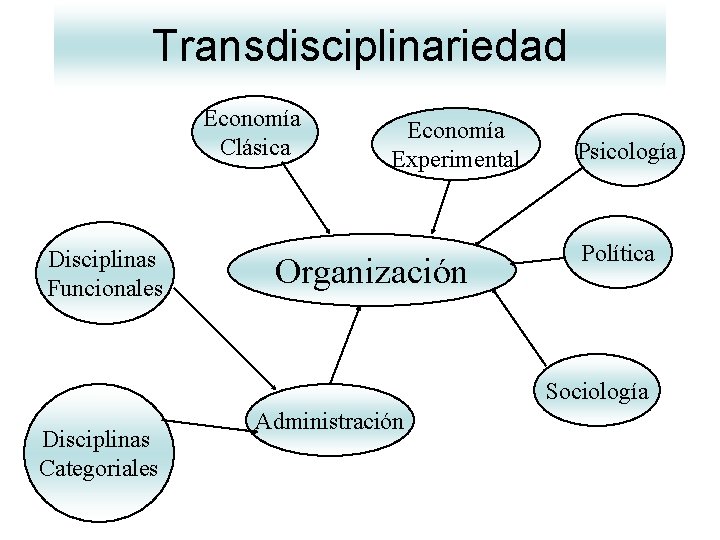 Transdisciplinariedad Economía Clásica Disciplinas Funcionales Economía Experimental Organización Psicología Política Sociología Disciplinas Categoriales Administración Transdisciplinariedad Economía Clásica Disciplinas Funcionales Economía Experimental Organización Psicología Política Sociología Disciplinas Categoriales Administración