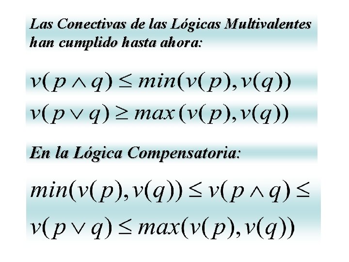 Las Conectivas de las Lógicas Multivalentes han cumplido hasta ahora: En la Lógica Compensatoria: Las Conectivas de las Lógicas Multivalentes han cumplido hasta ahora: En la Lógica Compensatoria: