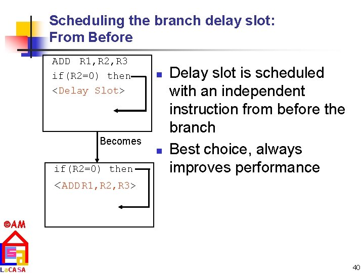 Scheduling the branch delay slot: From Before ADD R 1, R 2, R 3