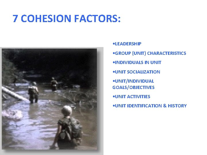 7 COHESION FACTORS: • LEADERSHIP • GROUP (UNIT) CHARACTERISTICS • INDIVIDUALS IN UNIT •