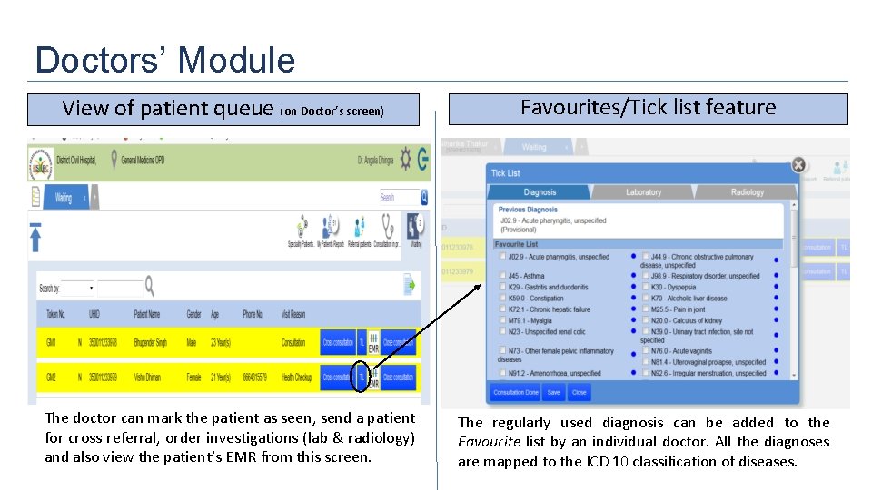 Doctors’ Module View of patient queue (on Doctor’s screen) The doctor can mark the