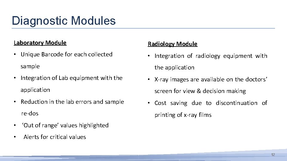 Diagnostic Modules Laboratory Module Radiology Module • Unique Barcode for each collected • Integration
