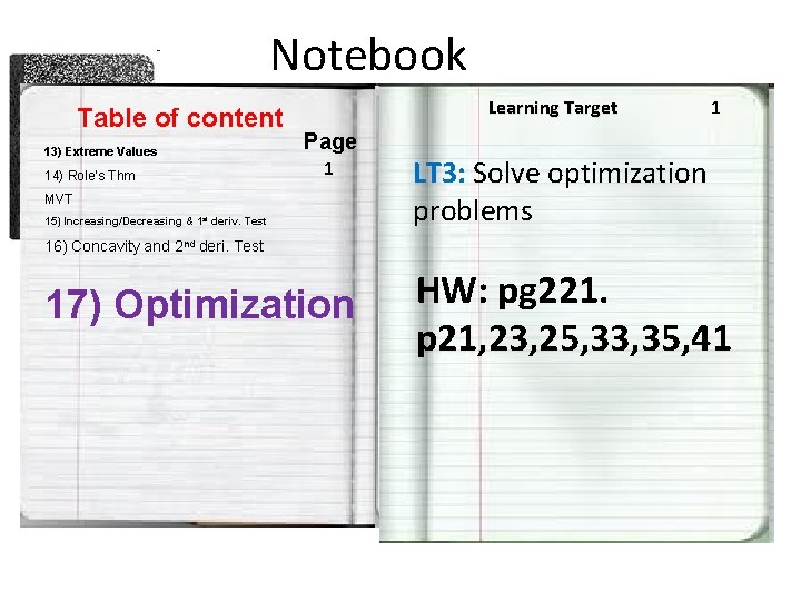 Notebook Table of content 13) Extreme Values 14) Role’s Thm Learning Target Page 1