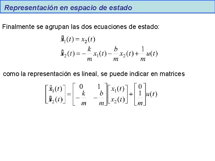 Representación en espacio de estado Finalmente se agrupan las dos ecuaciones de estado: como