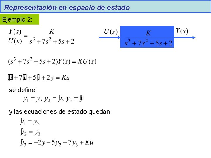 Representación en espacio de estado Ejemplo 2: se define: y las ecuaciones de estado