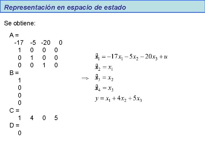 Representación en espacio de estado Se obtiene: A= -17 1 0 0 B= 1