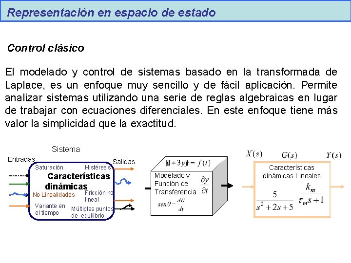 Representación en espacio de estado Control clásico El modelado y control de sistemas basado