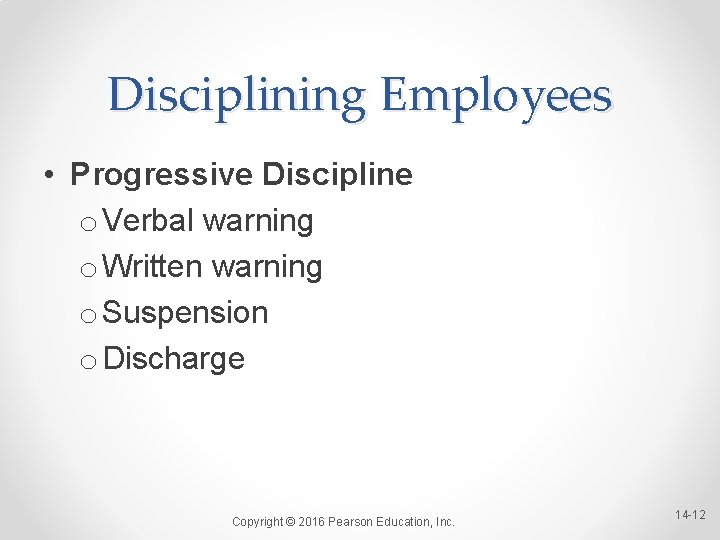 Disciplining Employees • Progressive Discipline o Verbal warning o Written warning o Suspension o Disciplining Employees • Progressive Discipline o Verbal warning o Written warning o Suspension o