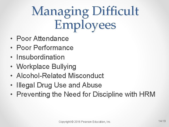 Managing Difficult Employees • • Poor Attendance Poor Performance Insubordination Workplace Bullying Alcohol-Related Misconduct Managing Difficult Employees • • Poor Attendance Poor Performance Insubordination Workplace Bullying Alcohol-Related Misconduct
