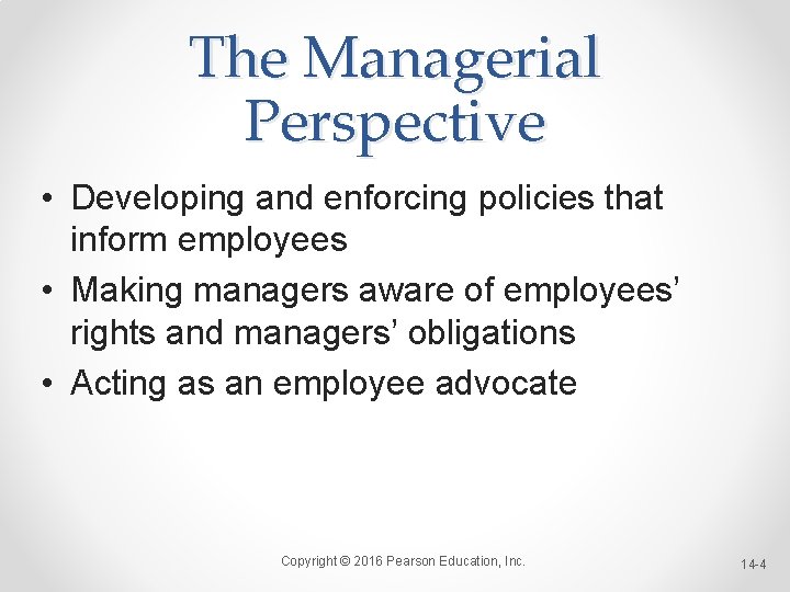 The Managerial Perspective • Developing and enforcing policies that inform employees • Making managers The Managerial Perspective • Developing and enforcing policies that inform employees • Making managers