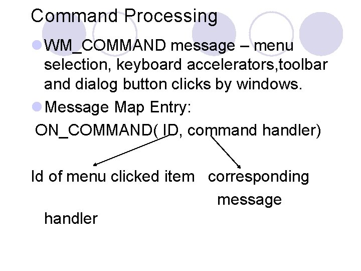 Command Processing l WM_COMMAND message – menu selection, keyboard accelerators, toolbar and dialog button Command Processing l WM_COMMAND message – menu selection, keyboard accelerators, toolbar and dialog button