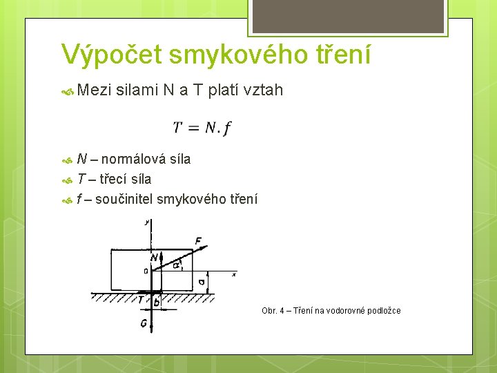 Výpočet smykového tření Mezi silami N a T platí vztah N – normálová síla