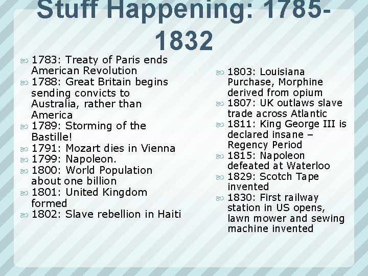 Stuff Happening: 17851832 1783: Treaty of Paris ends American Revolution 1788: Great Britain begins