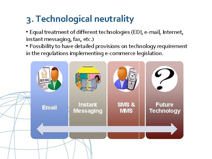 3. Technological neutrality • Equal treatment of different technologies (EDI, e-mail, Internet, instant messaging,