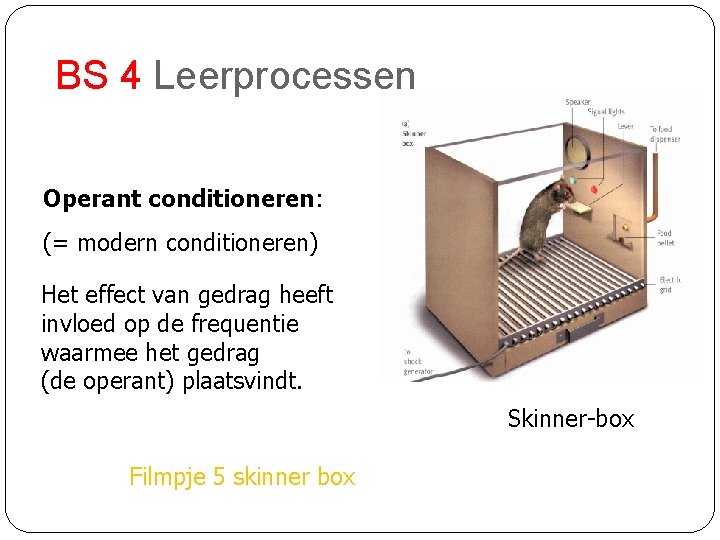 BS 4 Leerprocessen Operant conditioneren: (= modern conditioneren) Het effect van gedrag heeft invloed