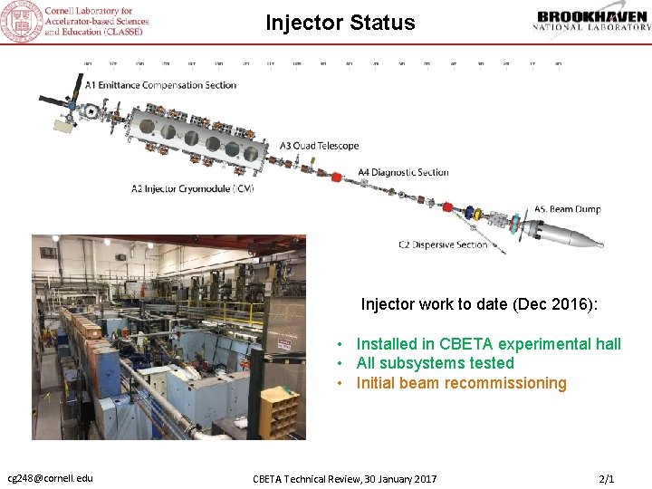 Injector Status Injector work to date (Dec 2016): • Installed in CBETA experimental hall