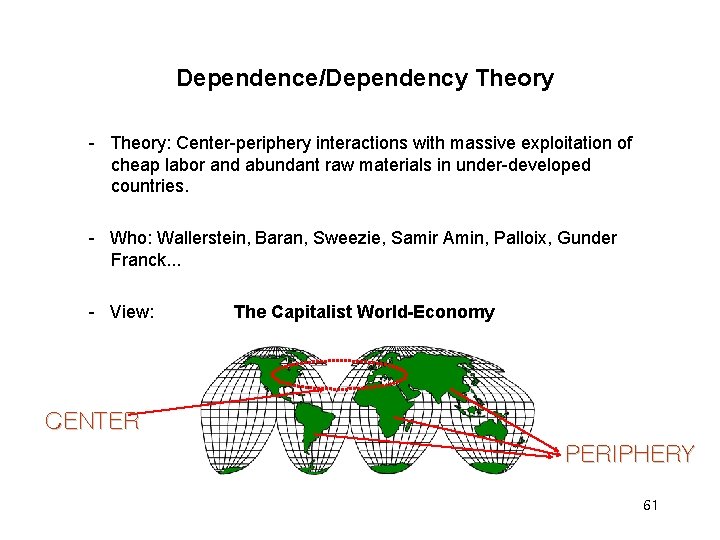Dependence/Dependency Theory - Theory: Center-periphery interactions with massive exploitation of cheap labor and abundant