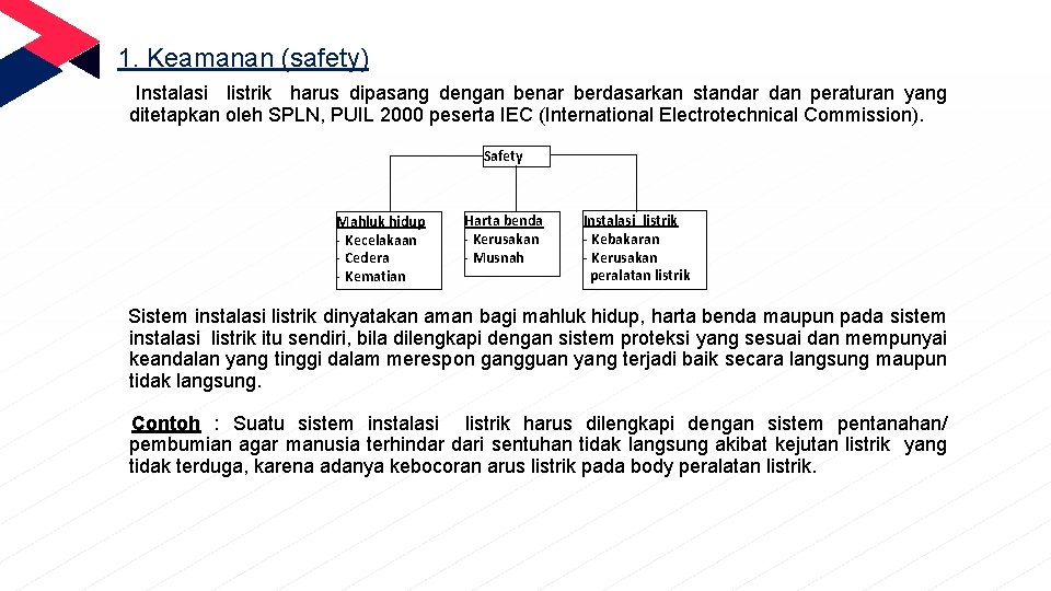 1. Keamanan (safety) Instalasi listrik harus dipasang dengan benar berdasarkan standar dan peraturan yang