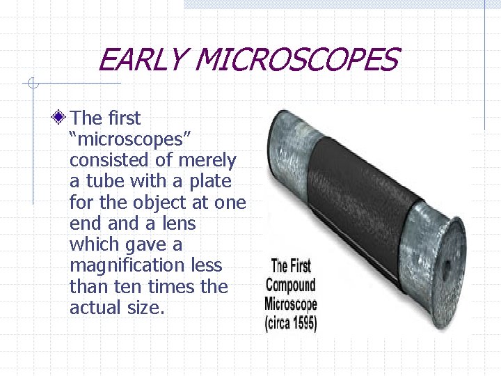 EARLY MICROSCOPES The first “microscopes” consisted of merely a tube with a plate for