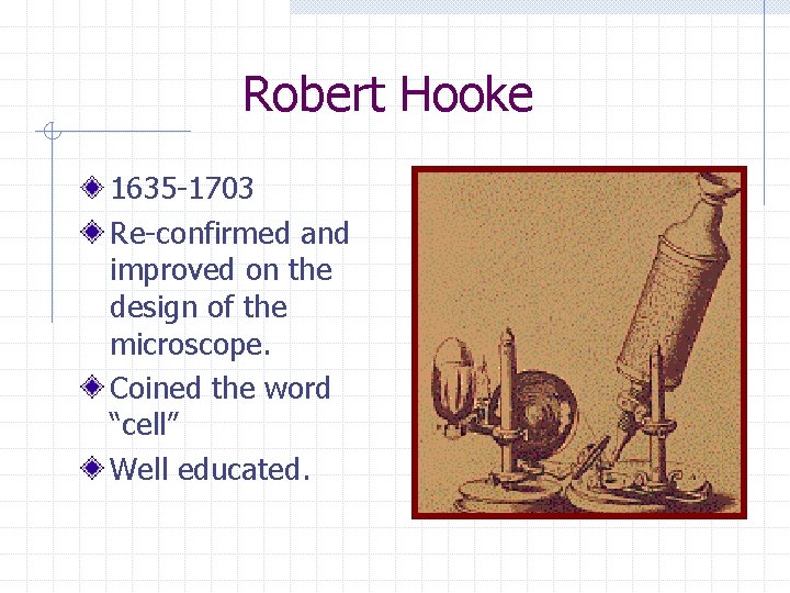 Robert Hooke 1635 -1703 Re-confirmed and improved on the design of the microscope. Coined