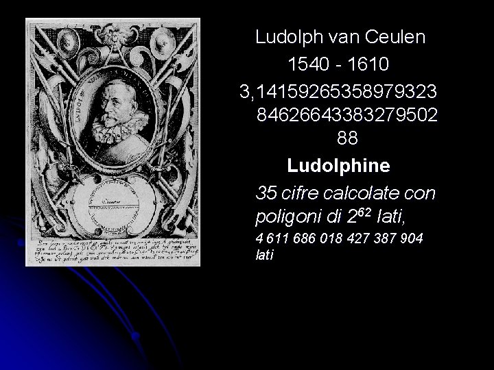 Ludolph van Ceulen 1540 - 1610 3, 14159265358979323 84626643383279502 88 Ludolphine 35 cifre calcolate