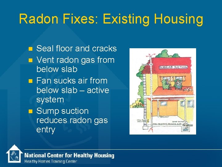 Radon Fixes: Existing Housing n n Seal floor and cracks Vent radon gas from