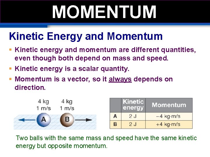 MOMEMTUM MOMENTUM Kinetic Energy and Momentum § Kinetic energy and momentum are different quantities,