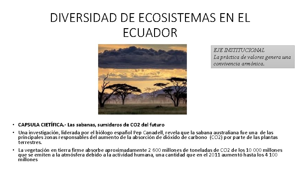 DIVERSIDAD DE ECOSISTEMAS EN EL ECUADOR EJE INSTITUCIONAL La práctica de valores genera una