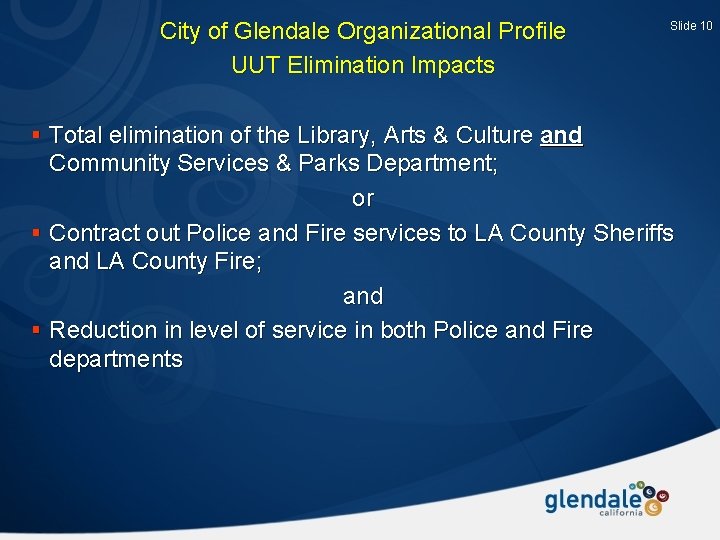 City of Glendale Organizational Profile UUT Elimination Impacts Slide 10 § Total elimination of