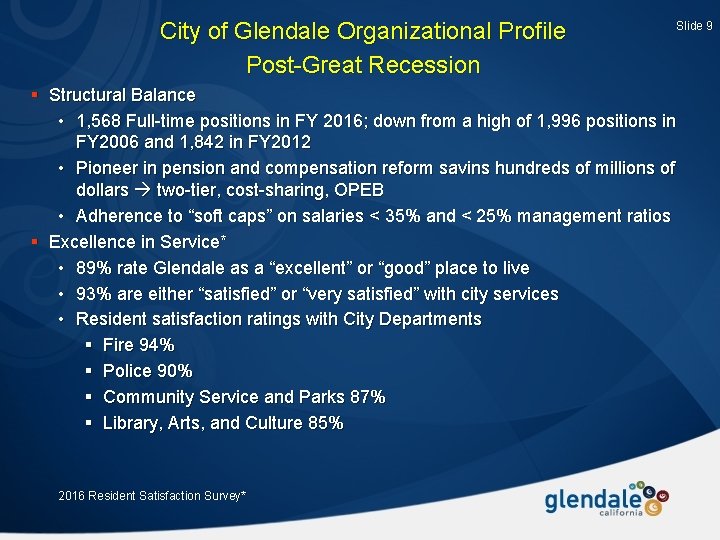 City of Glendale Organizational Profile Post-Great Recession Slide 9 § Structural Balance • 1,