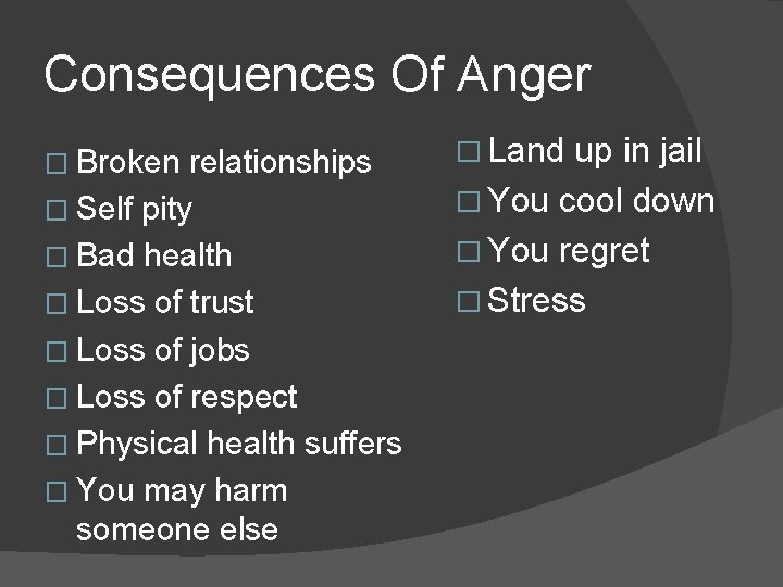 Consequences Of Anger � Broken relationships � Land up in jail � Self pity