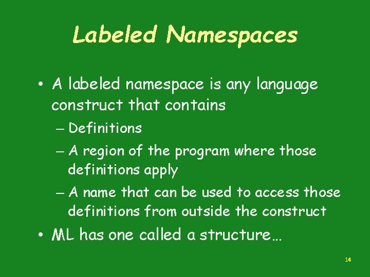 Labeled Namespaces • A labeled namespace is any language construct that contains – Definitions